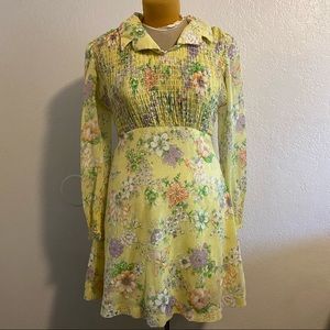 Vintage 60s 70s Yellow Floral Dress, Small